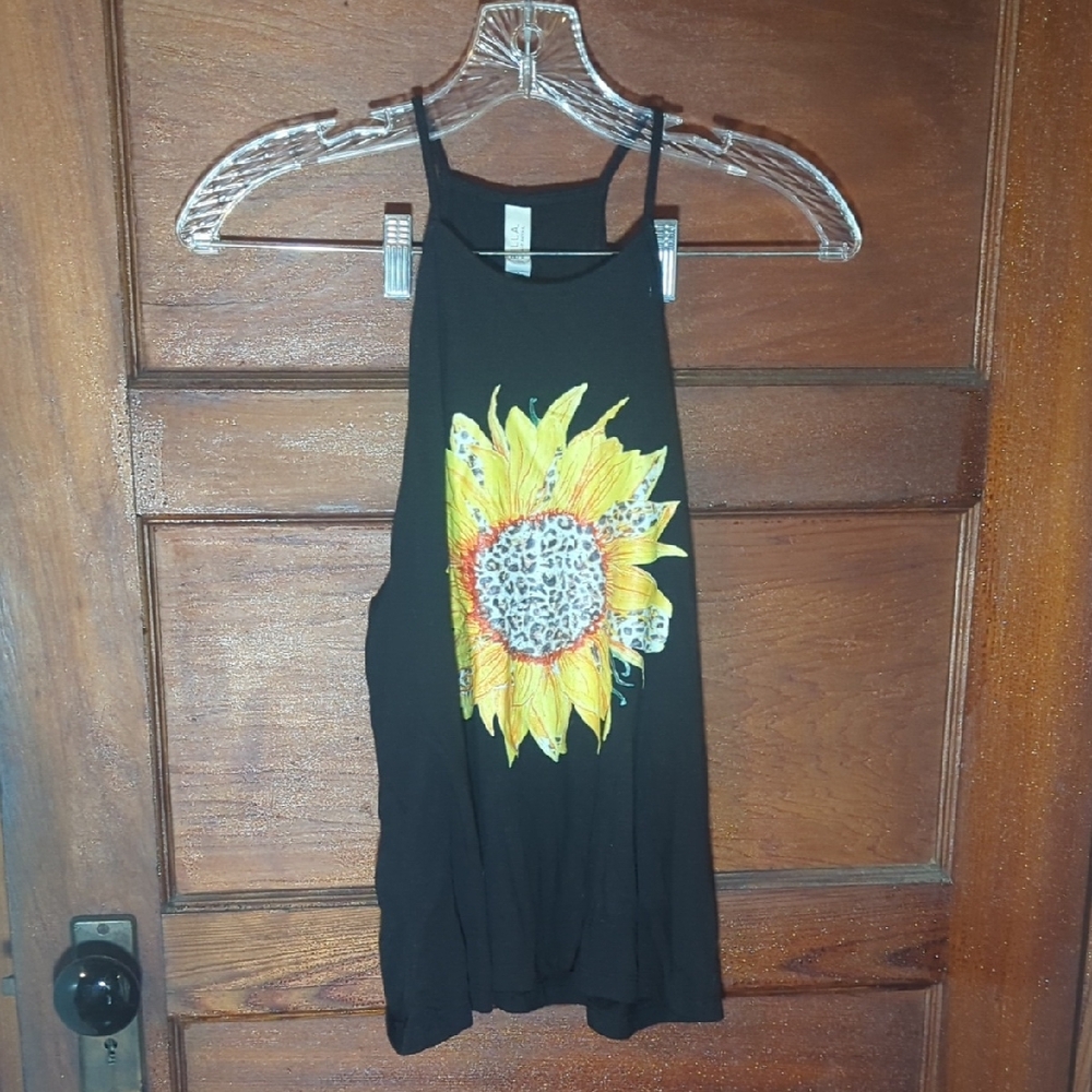 Black Sunflower Print Women's Tank Top